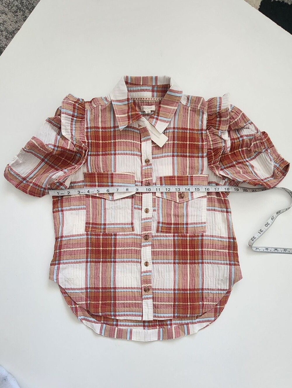 ​NWT Anthropologie Pilcro Plaid Ruffle Short Sleeve Button Down Top XS